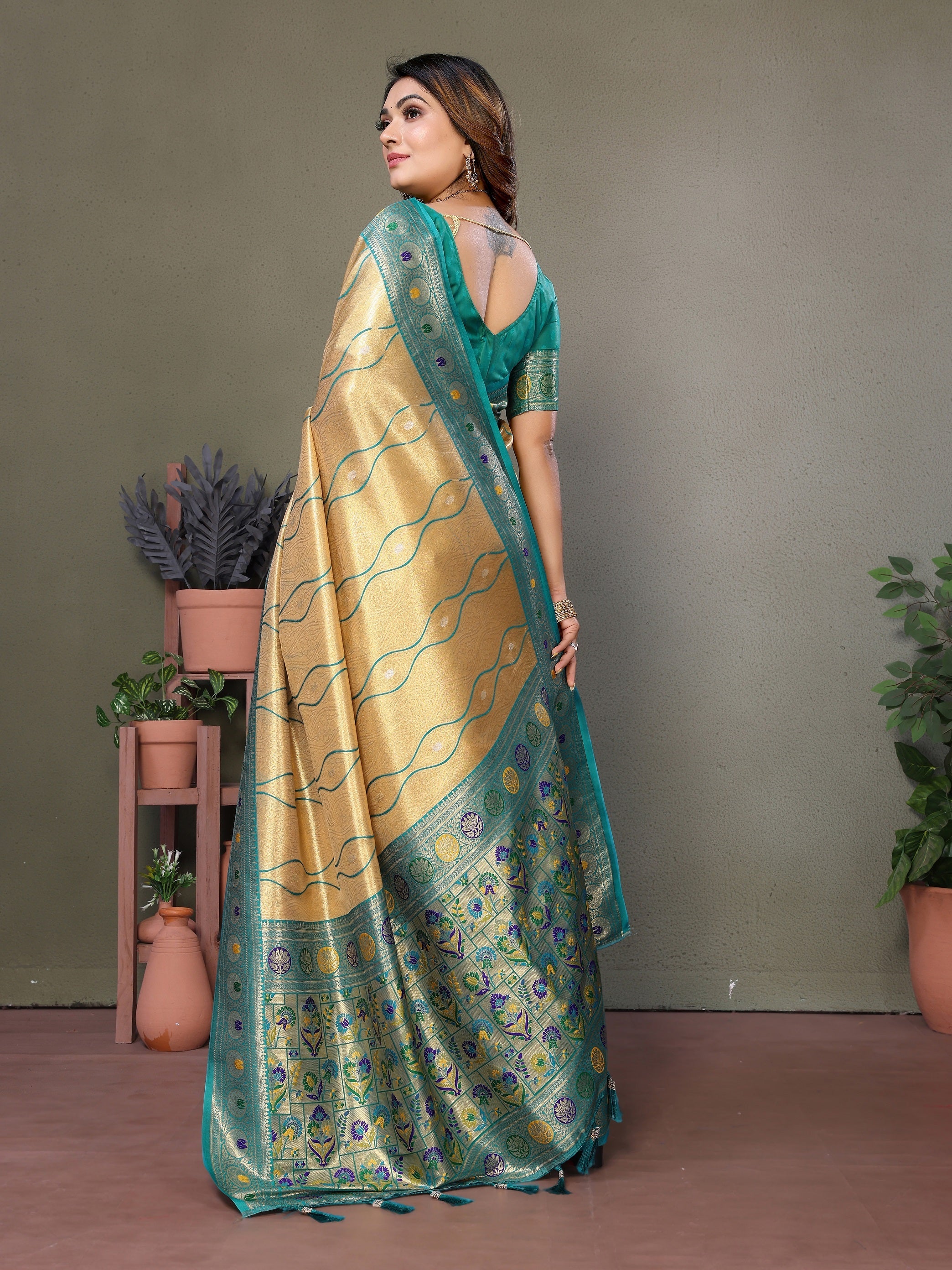 Vedant Vastram Tissue Silk Leheriya Design Kanjeevaram Silk Saree - Yellow