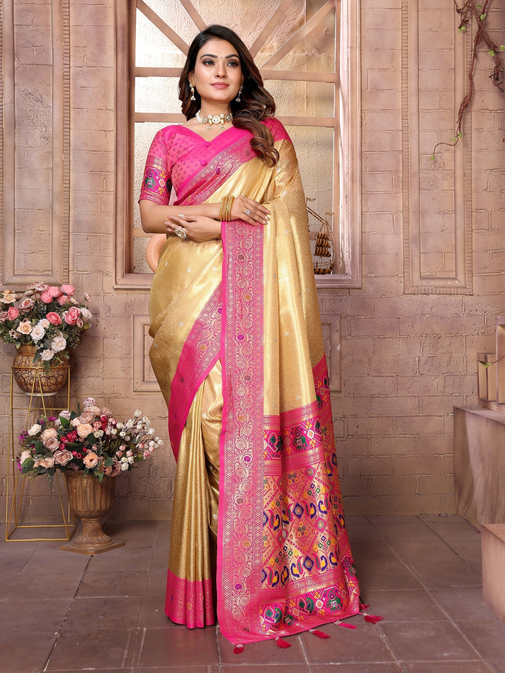 Vedant Vastram Tissue Silk Paithani Silk Saree - Cream - Distacart
