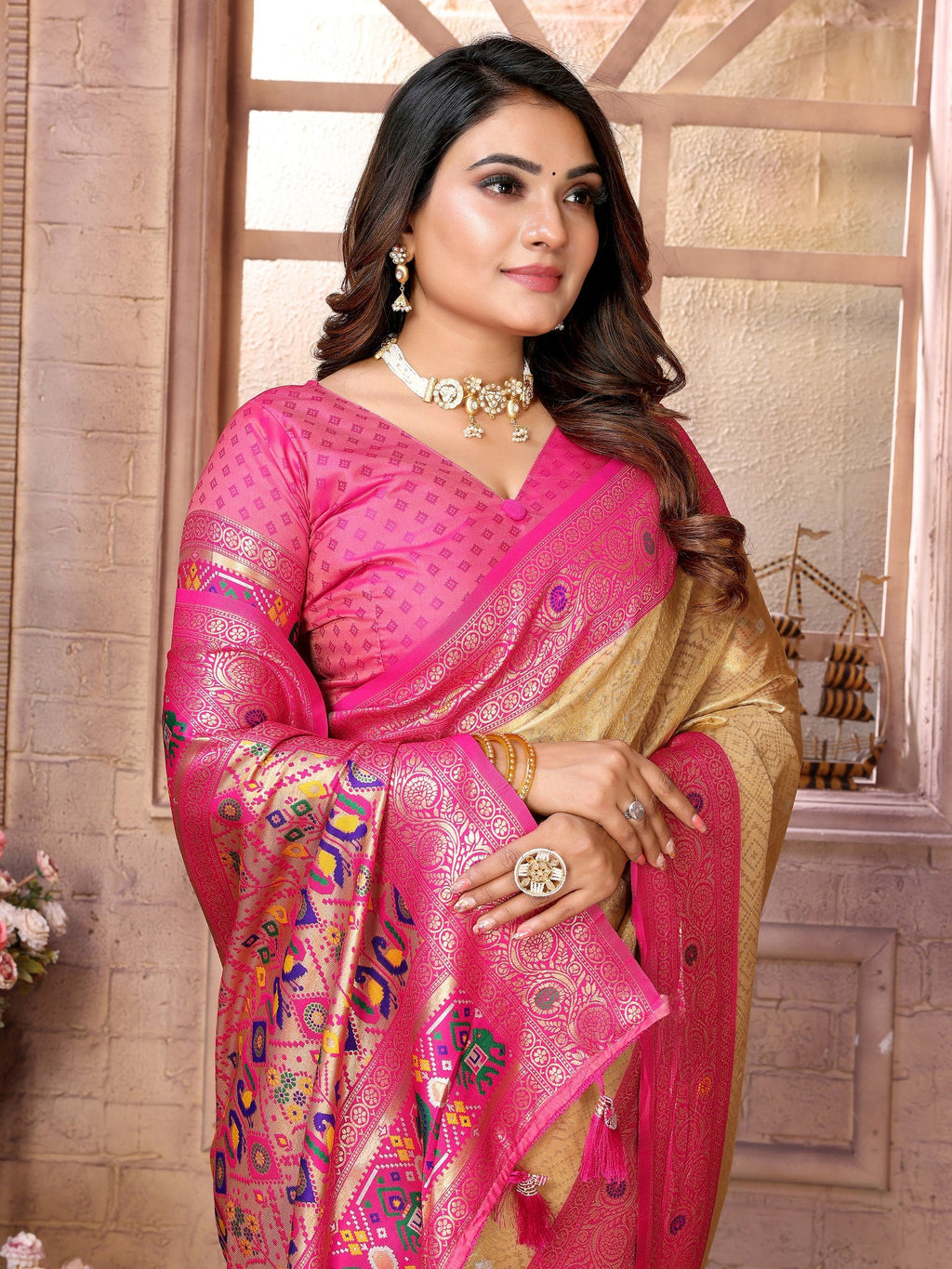 Vedant Vastram Tissue Silk Paithani Silk Saree - Cream - Distacart