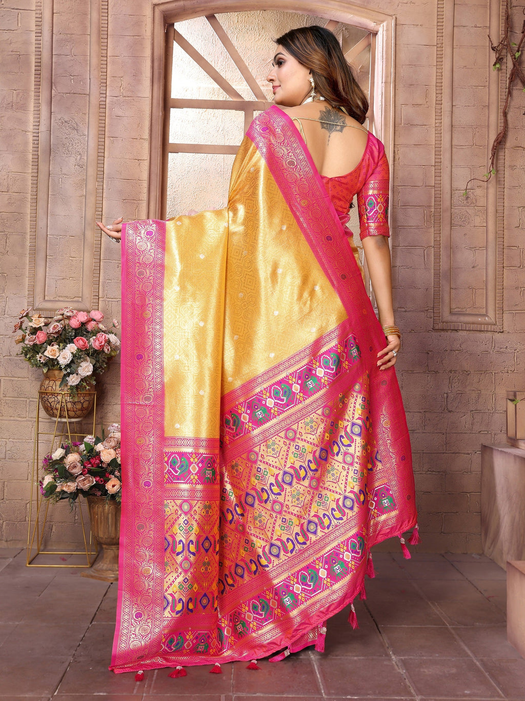 Vedant Vastram Tissue Silk Paithani Silk Saree - Mustard - Distacart