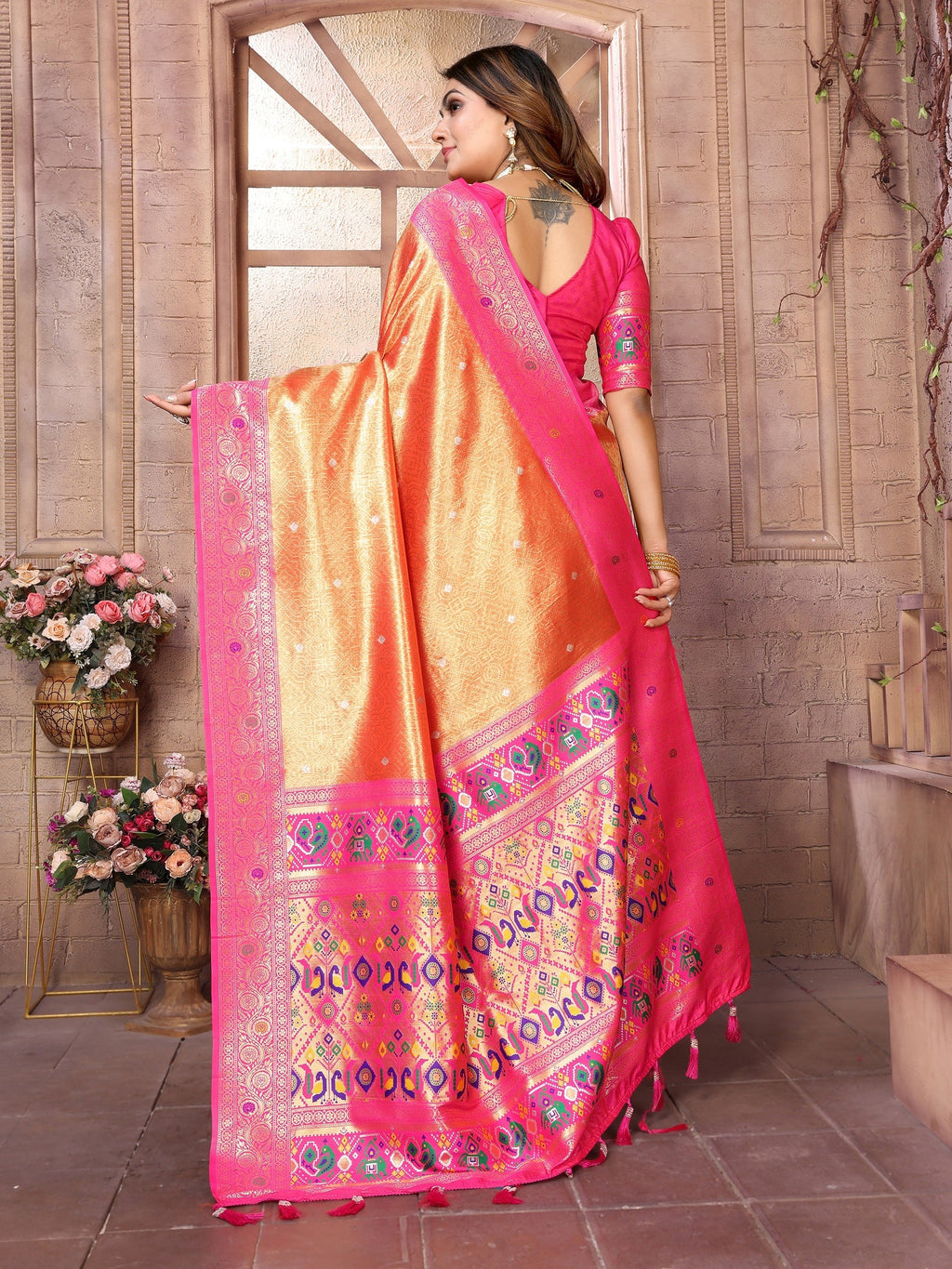 Vedant Vastram Tissue Silk Paithani Silk Saree - Orange - Distacart
