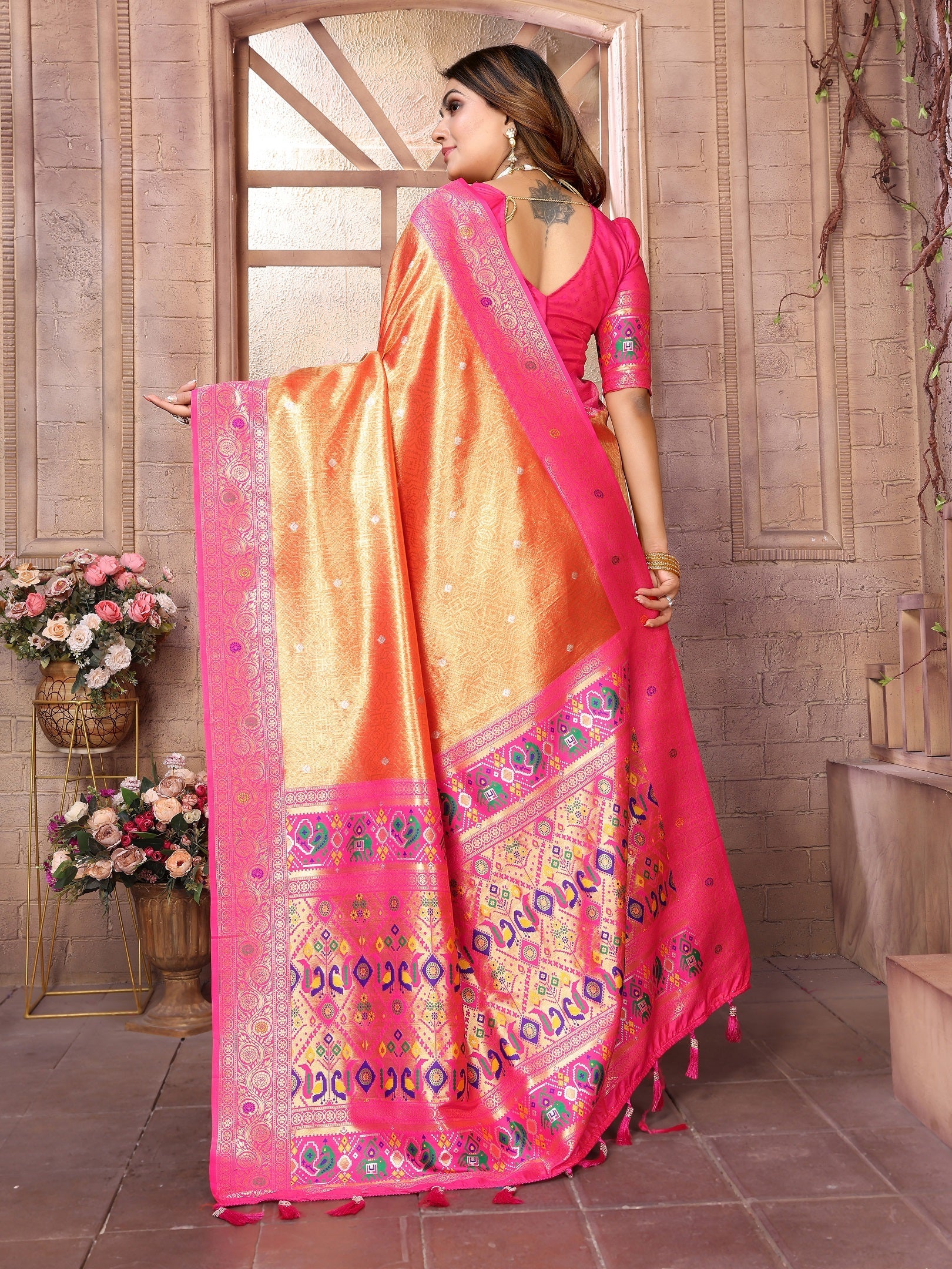 Vedant Vastram Tissue Silk Paithani Silk Saree - Orange - Distacart
