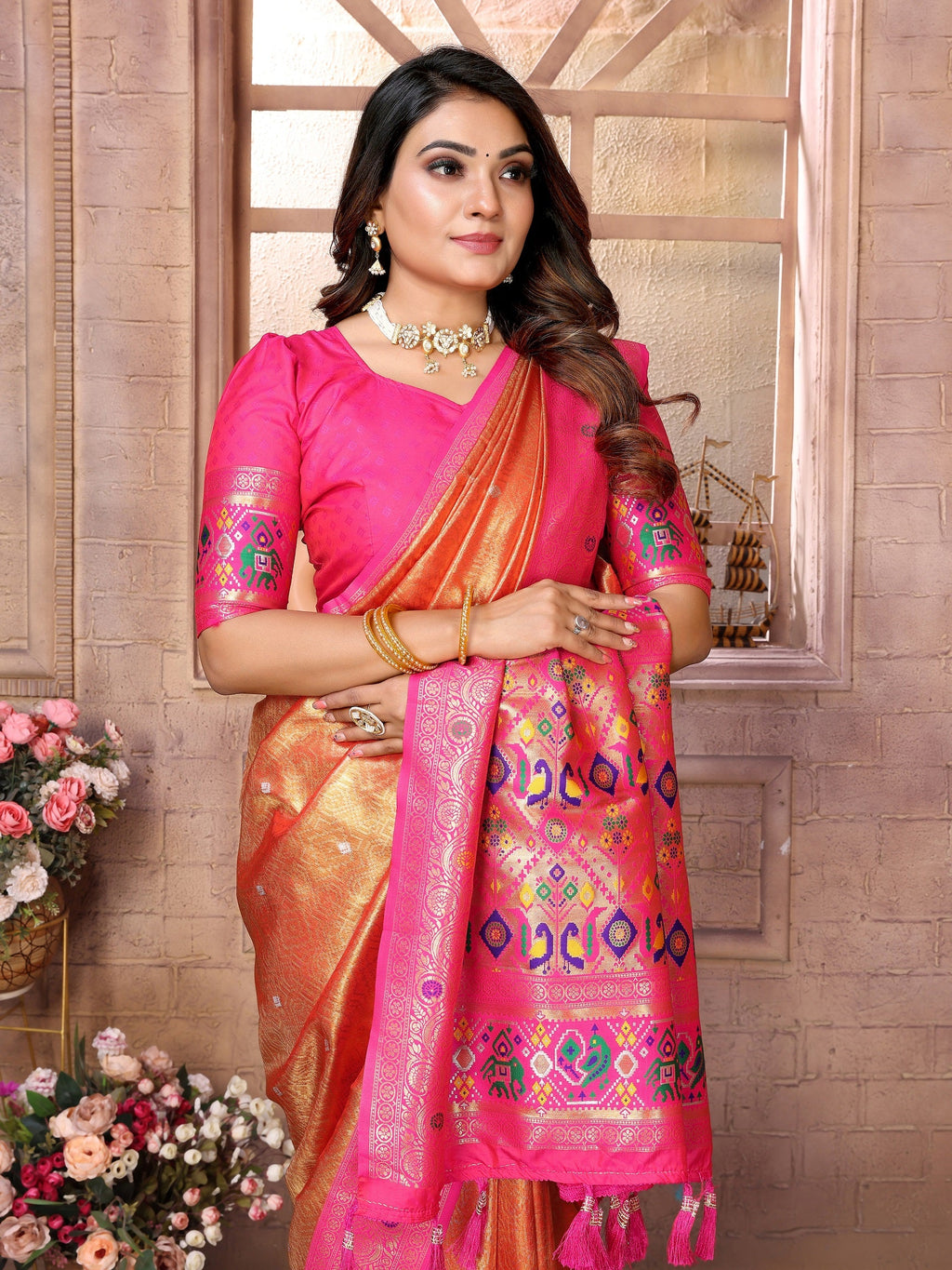 Vedant Vastram Tissue Silk Paithani Silk Saree - Orange - Distacart