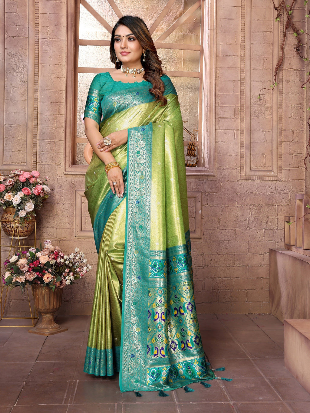 Vedant Vastram Tissue Silk Paithani Silk Saree - Parrot - Distacart