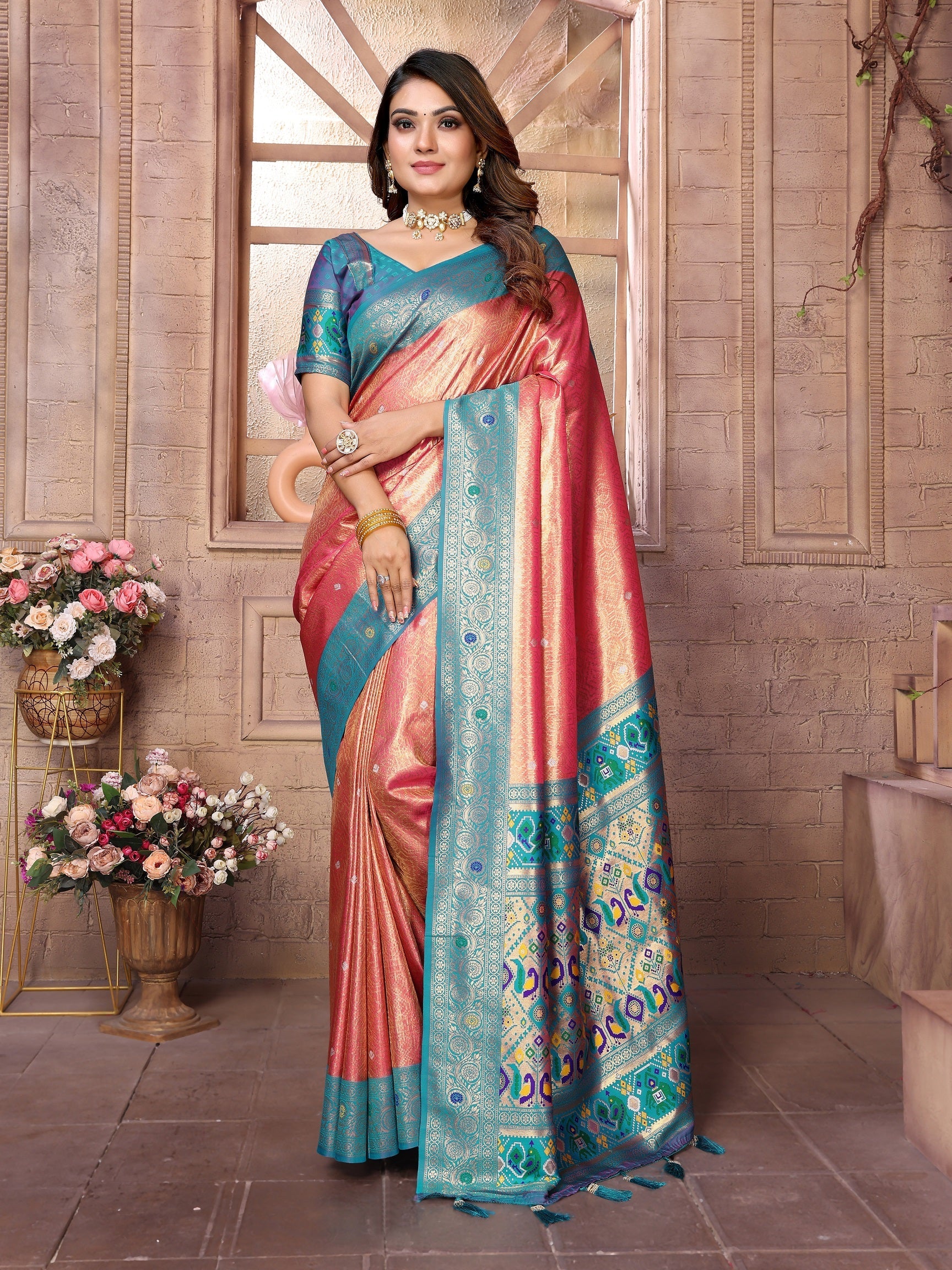 Vedant Vastram Tissue Silk Paithani Silk Saree - Peach - Distacart