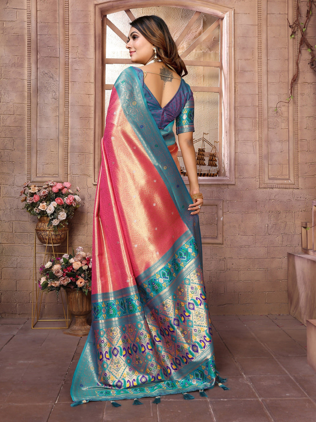 Vedant Vastram Tissue Silk Paithani Silk Saree - Peach - Distacart