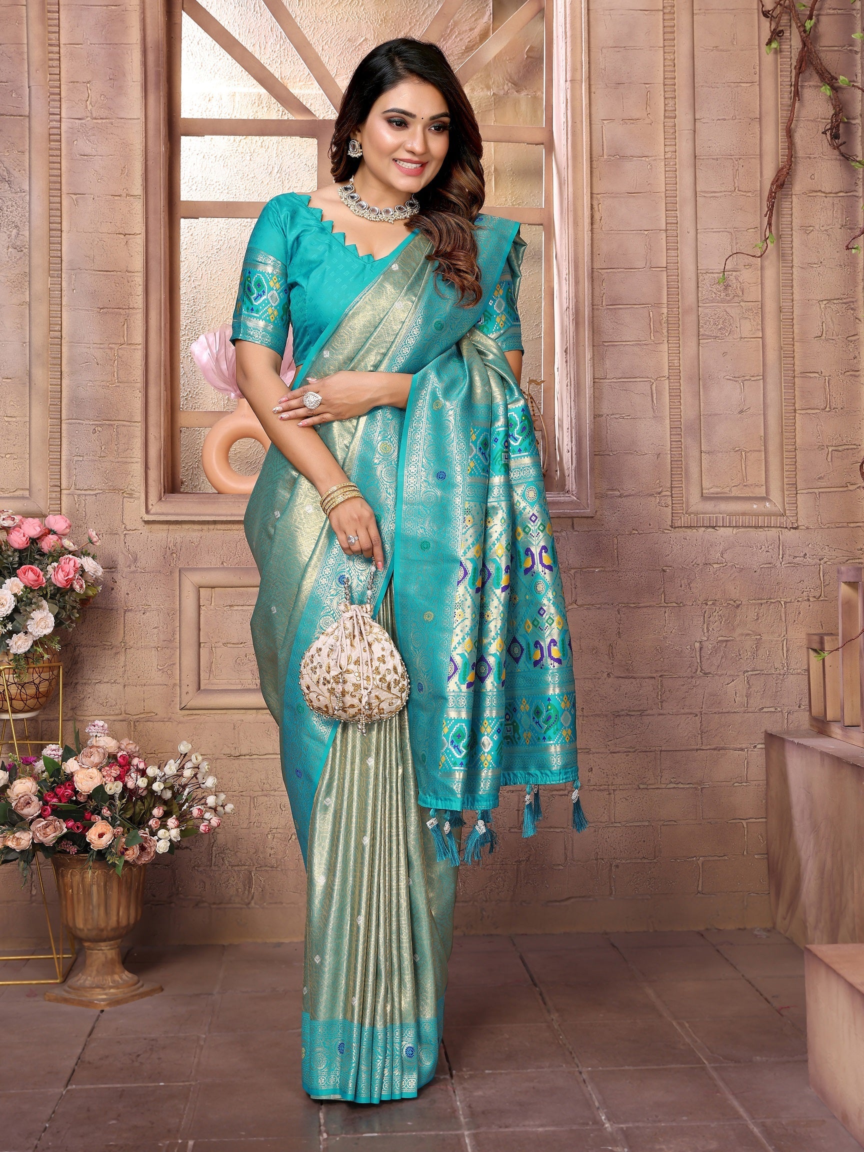 Vedant Vastram Tissue Silk Paithani Silk Saree - Rama - Distacart
