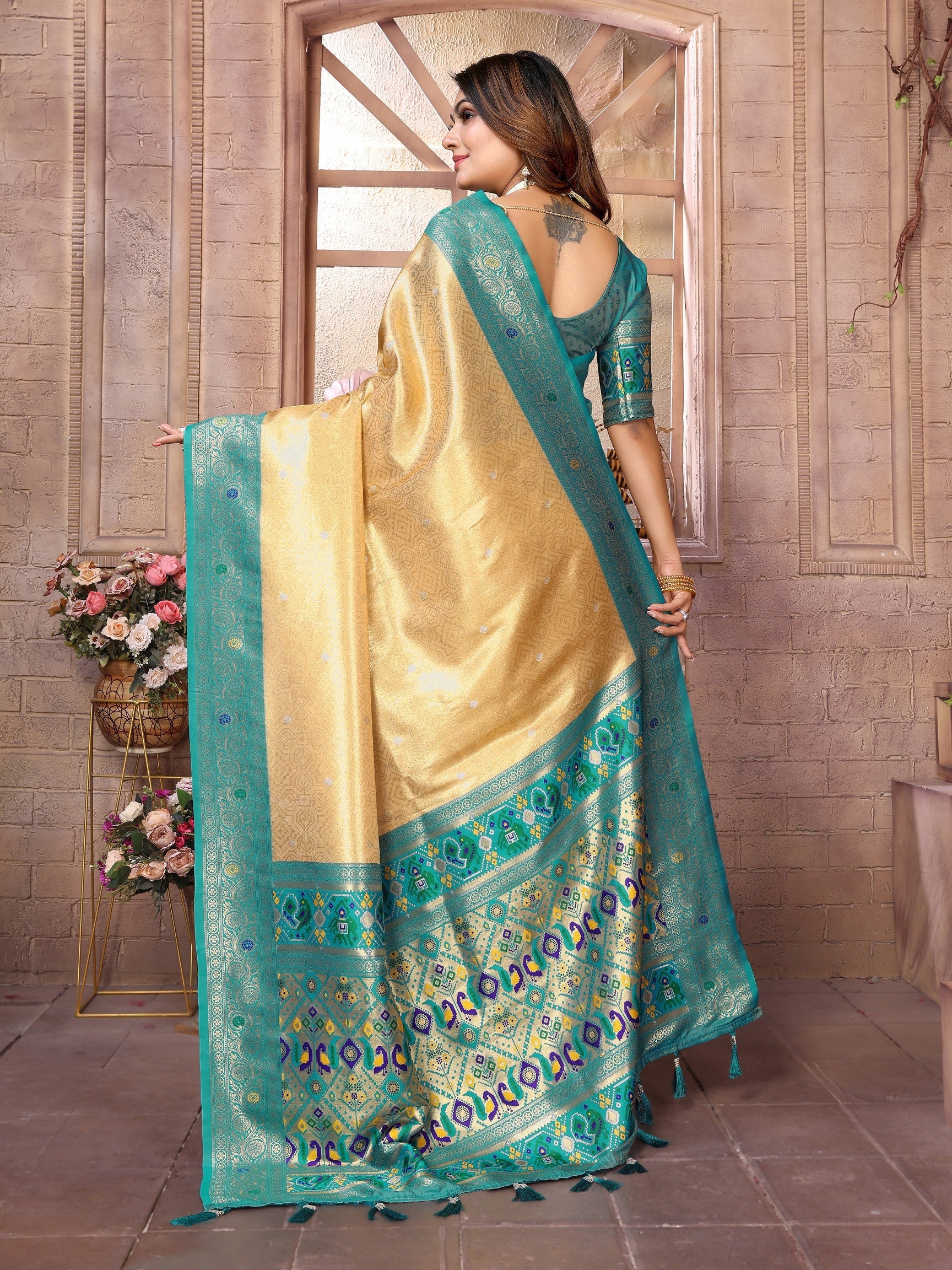 Vedant Vastram Tissue Silk Paithani Silk Saree - Yellow - Distacart