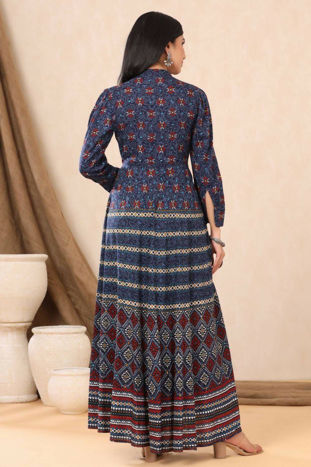Juniper Womens Indigo Rayon Multicolor Printed Maxi Dress With Yoke Mirror Embroidery - Distacart