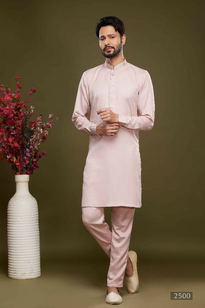 Raivat Ethnic Art Banarasi Silk Thread Work Kurta Pajama In Pink Colour