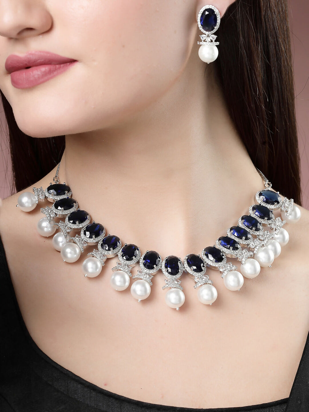 NVR Women's Silver-Plated Blue American Diamond Studded Handcrafted Jewellery Set