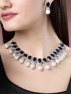 NVR Women's Silver-Plated Blue American Diamond Studded Handcrafted Jewellery Set