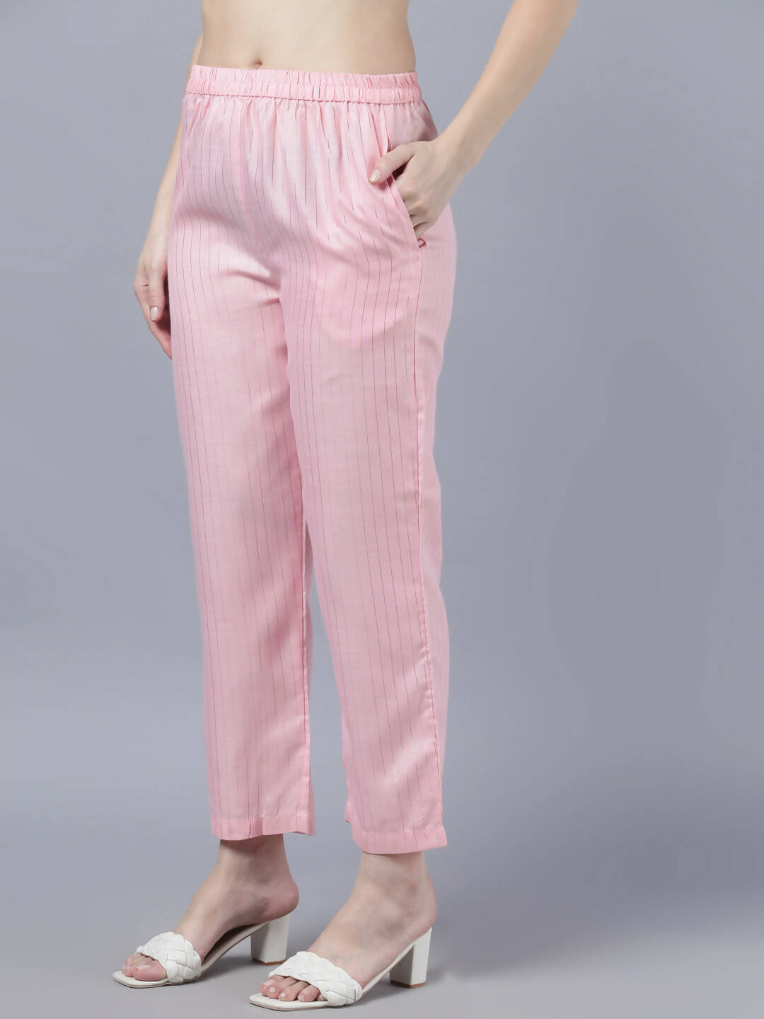 Myshka Women Pink Panelled Pure Cotton Kurta with Trousers With Dupatta Set - Distacart