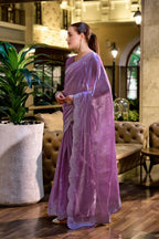 Vastranavya Lavender Embroidery Work Shimmer Chiffon Saree with Unstitched Blouse - Distacart