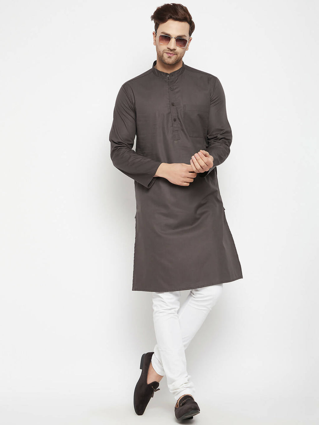 Even Apparels Brown Pure Cotton Long Men's Kurta With Band Collar - Distacart