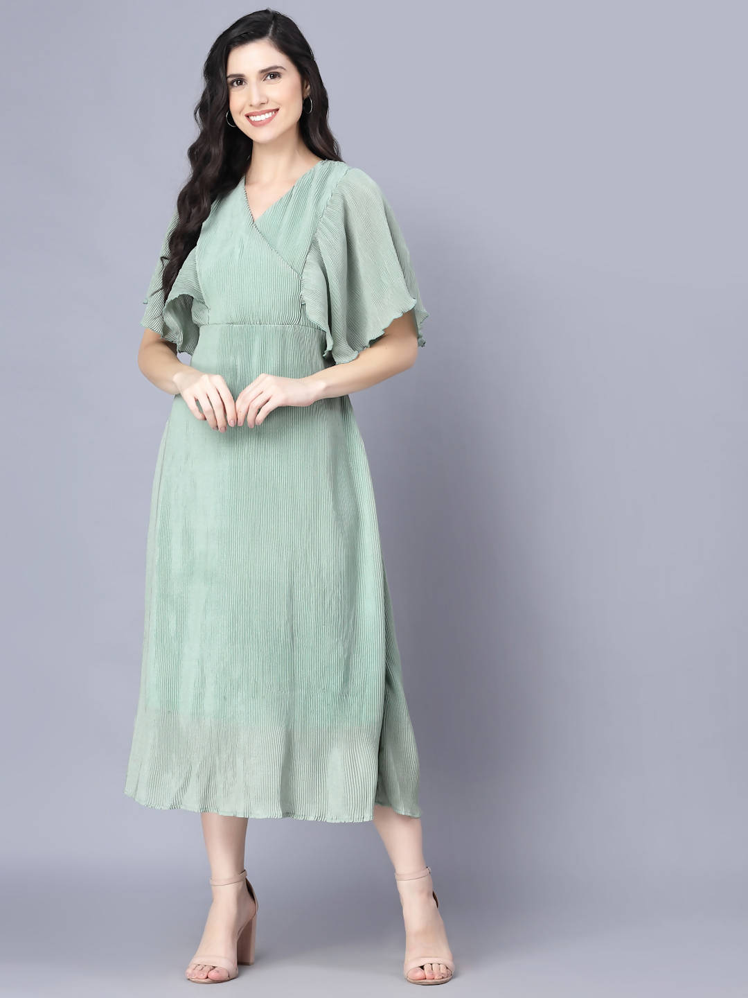 Myshka Chiffon Solid Short Sleeve V Neck Green Women Dress - Distacart