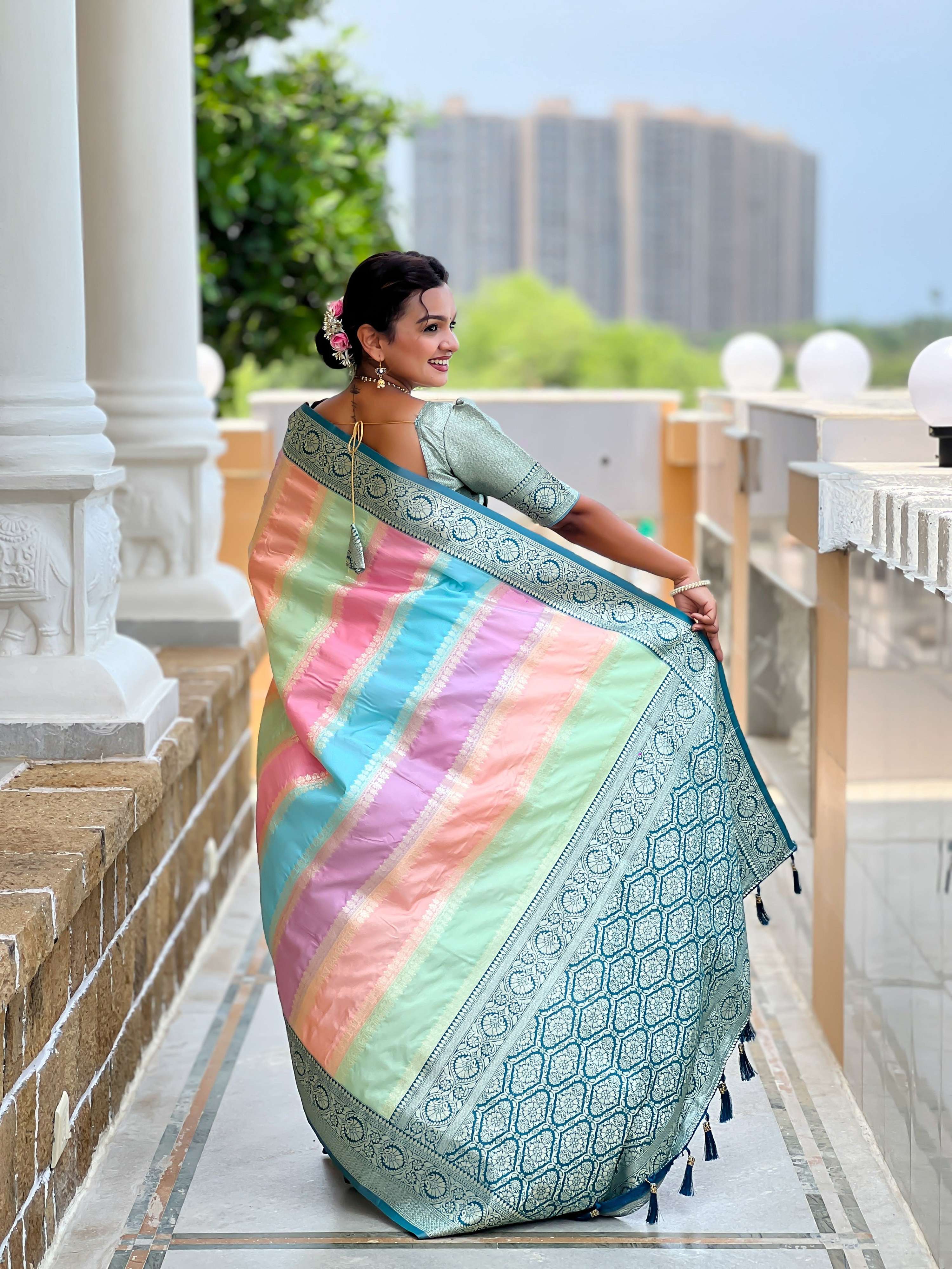 Vedant Vastram Soft Litchi Silk Fancy Jacquard Bollywood Saree - Morpich