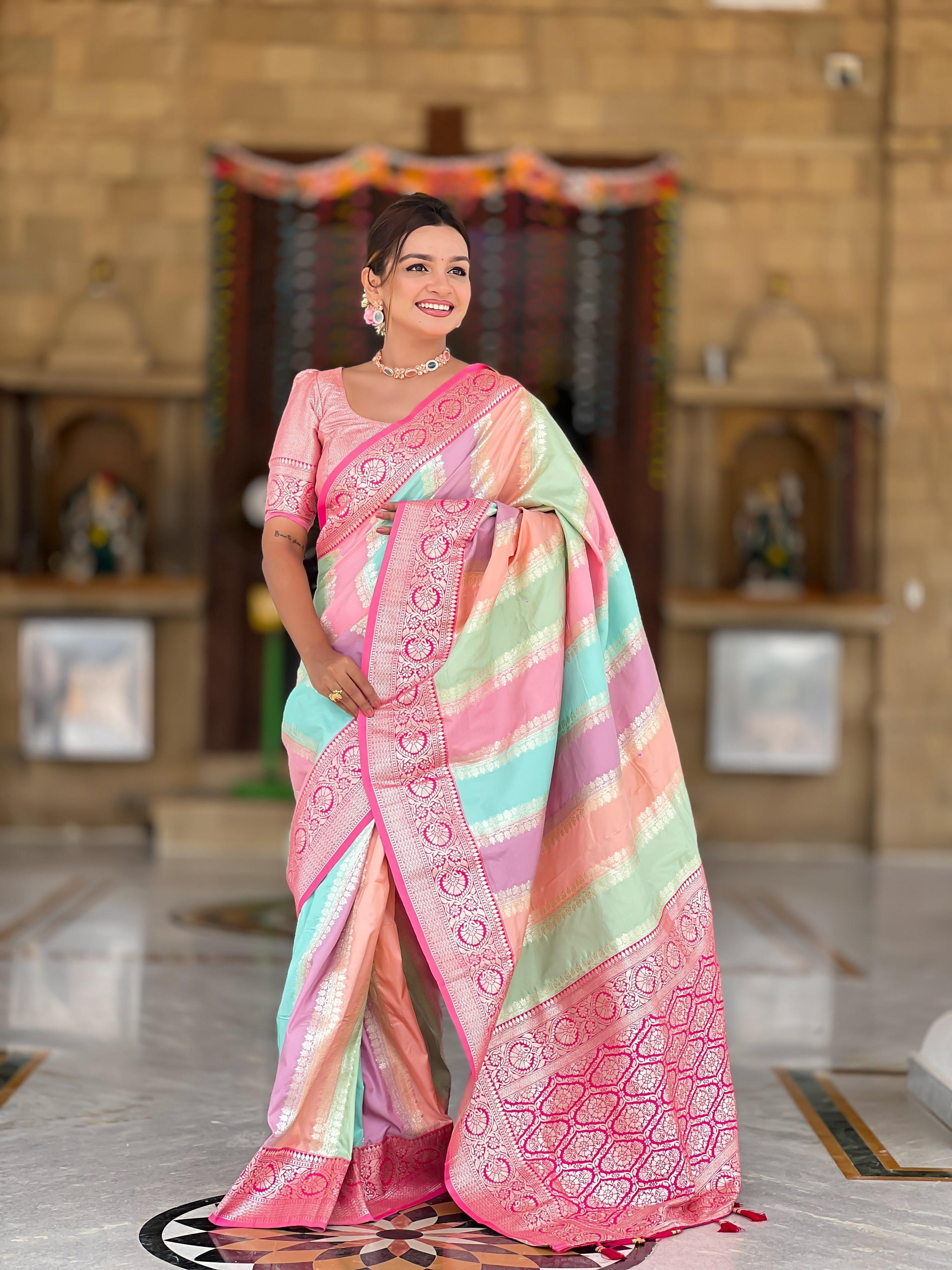 Vedant Vastram Soft Litchi Silk Fancy Jacquard Bollywood Saree - Pink