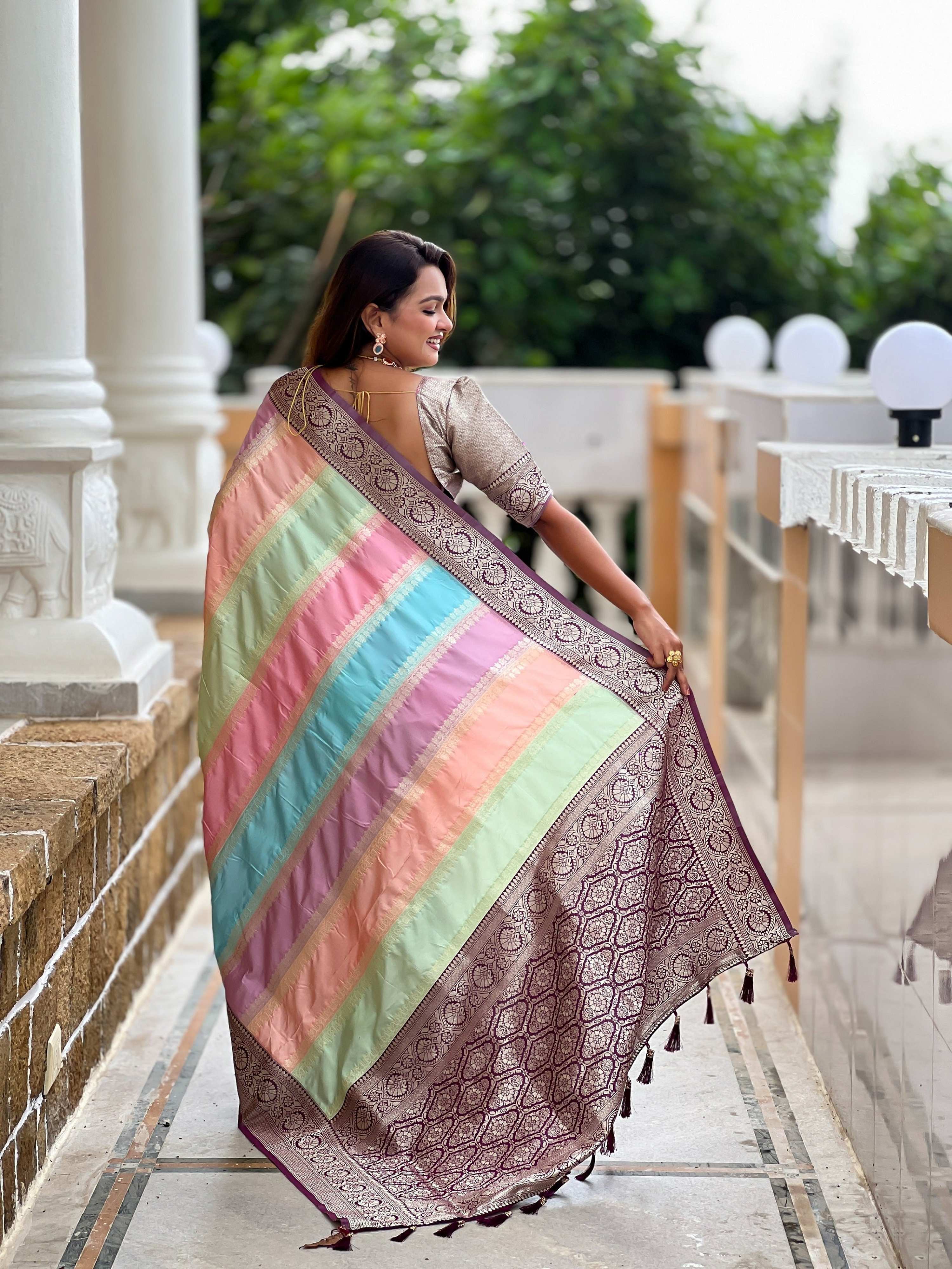 Vedant Vastram Soft Litchi Silk Fancy Jacquard Bollywood Saree - Wine