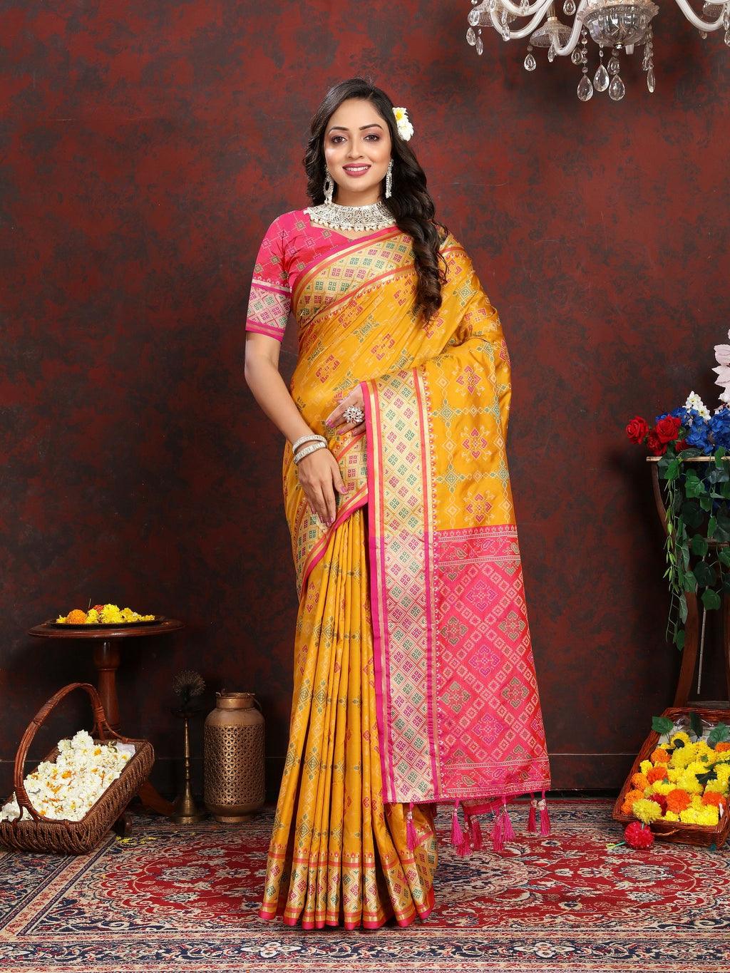 Vedant Vastram Mustard Color Kanjeevaram Patola Silk Saree - Mustard