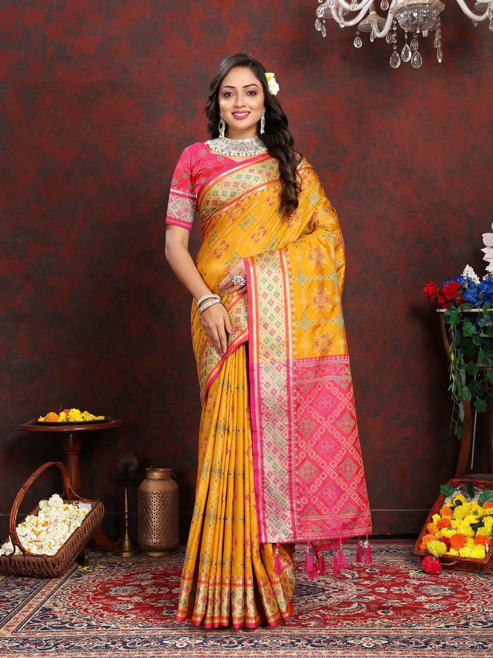 Vedant Vastram Mustard Color Kanjeevaram Patola Silk Saree - Mustard