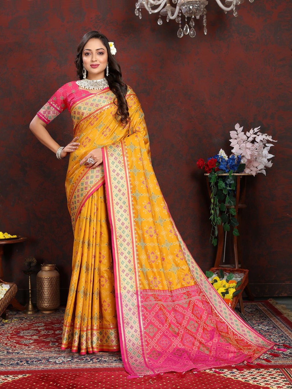 Vedant Vastram Mustard Color Kanjeevaram Patola Silk Saree - Mustard