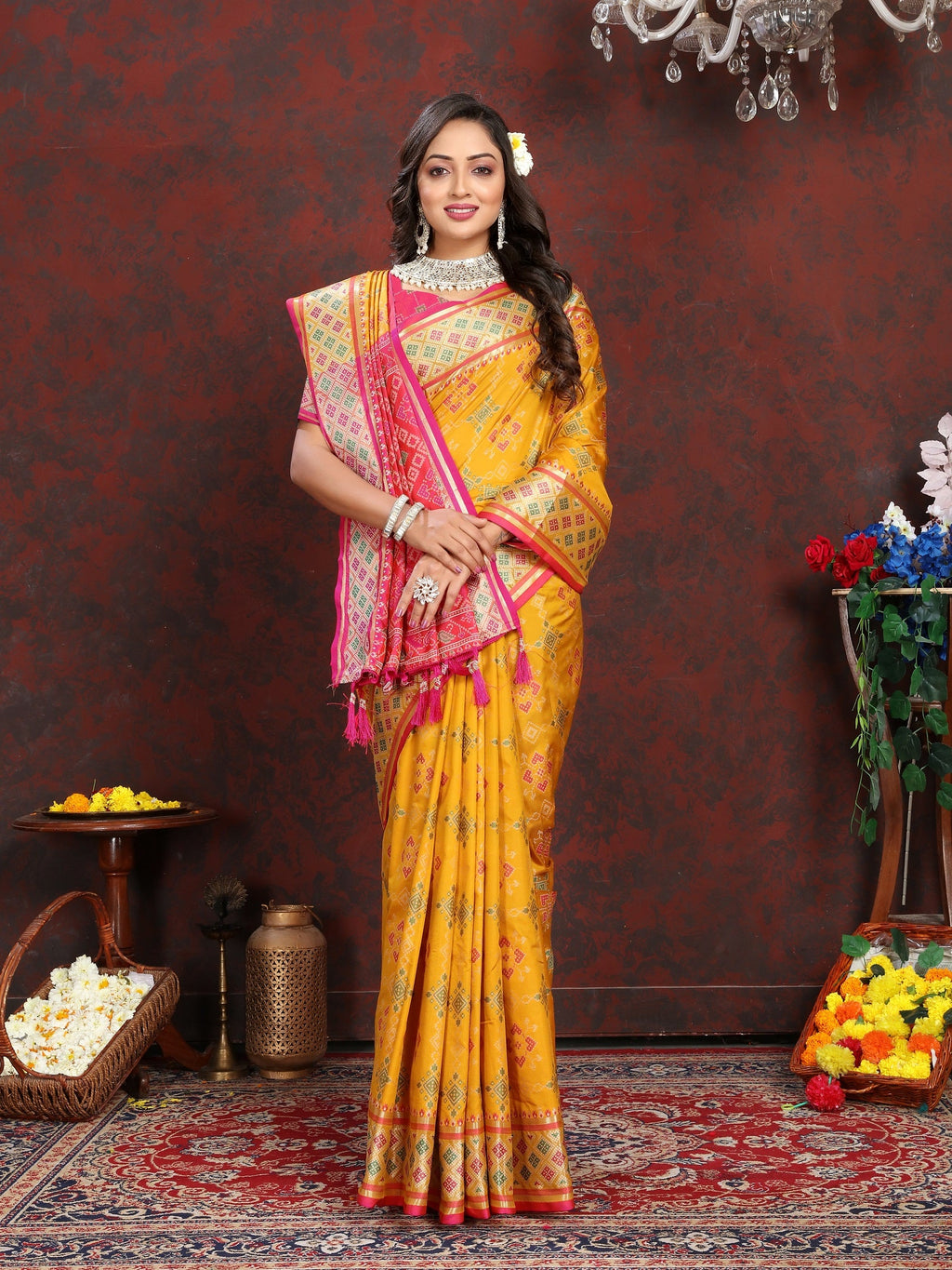 Vedant Vastram Mustard Color Kanjeevaram Patola Silk Saree - Mustard