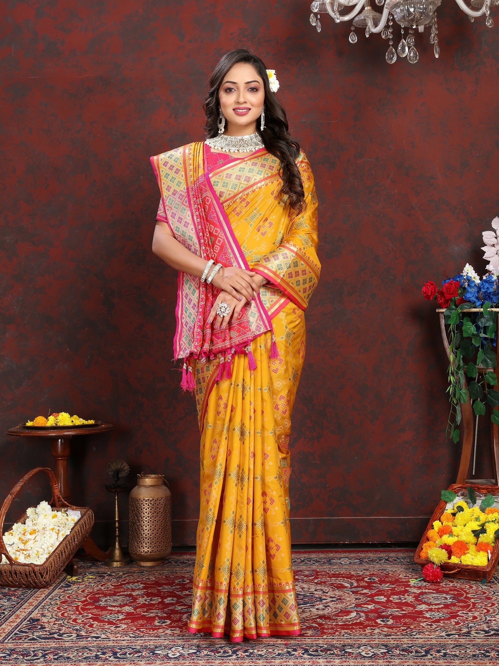 Vedant Vastram Mustard Color Kanjeevaram Patola Silk Saree - Mustard