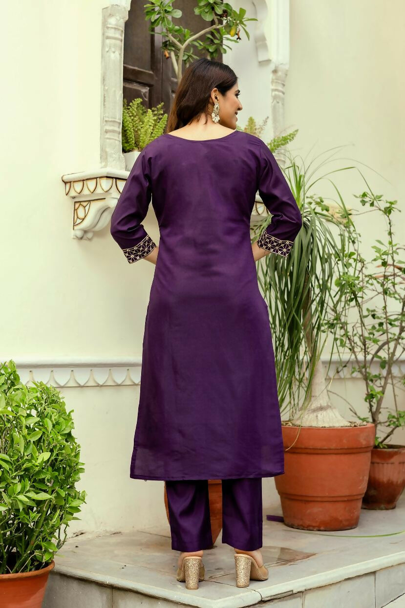 The52 Wine Women's Beautiful Viscose Chanderi Fabric Thread Work Straight Kurta Pant and Dupatta Set - Distacart