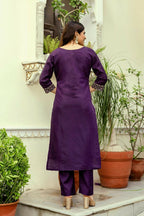 The52 Wine Women's Beautiful Viscose Chanderi Fabric Thread Work Straight Kurta Pant and Dupatta Set - Distacart