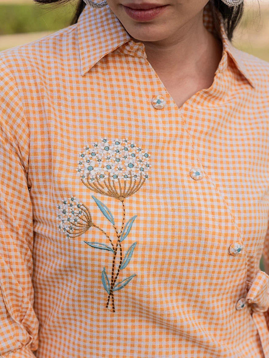 Yufta Mustard Cotton Checks Print Top With Embroidery