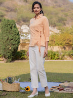Yufta Mustard Cotton Checks Print Top With Embroidery