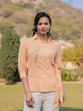 Yufta Mustard Cotton Checks Print Top With Embroidery