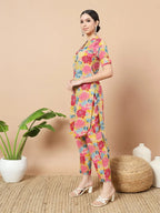 Yufta Mustard Floral Print Hand Work On Yoke Cotton Co-Ord Set