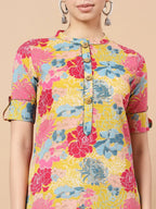 Yufta Mustard Floral Print Hand Work On Yoke Cotton Co-Ord Set