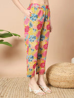 Yufta Mustard Floral Print Hand Work On Yoke Cotton Co-Ord Set