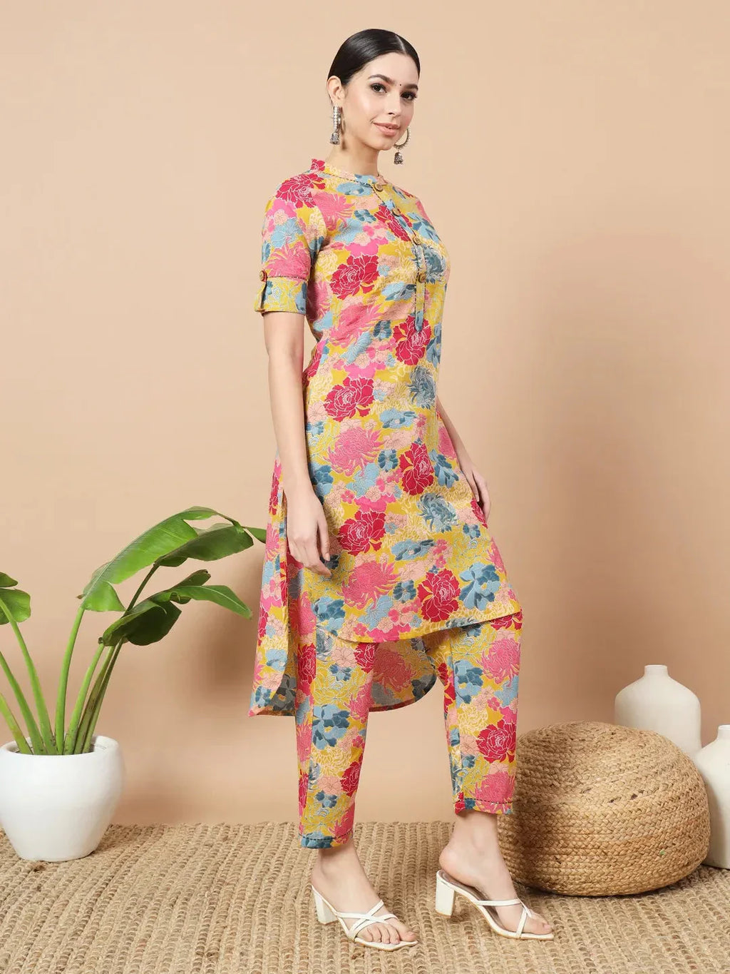 Yufta Mustard Floral Print Hand Work On Yoke Cotton Co-Ord Set