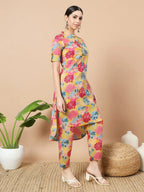 Yufta Mustard Floral Print Hand Work On Yoke Cotton Co-Ord Set