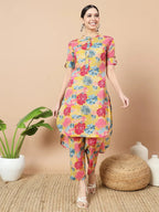 Yufta Mustard Floral Print Hand Work On Yoke Cotton Co-Ord Set