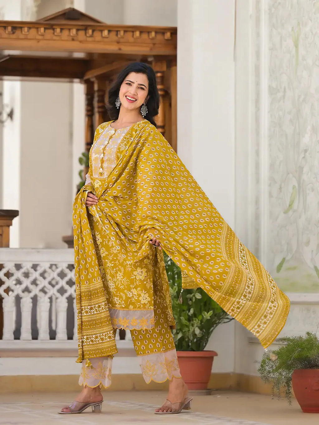 Yufta Mustard Floral Print Pakistani Style Kurta Trouser And Dupatta Set