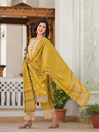 Yufta Mustard Floral Print Pakistani Style Kurta Trouser And Dupatta Set