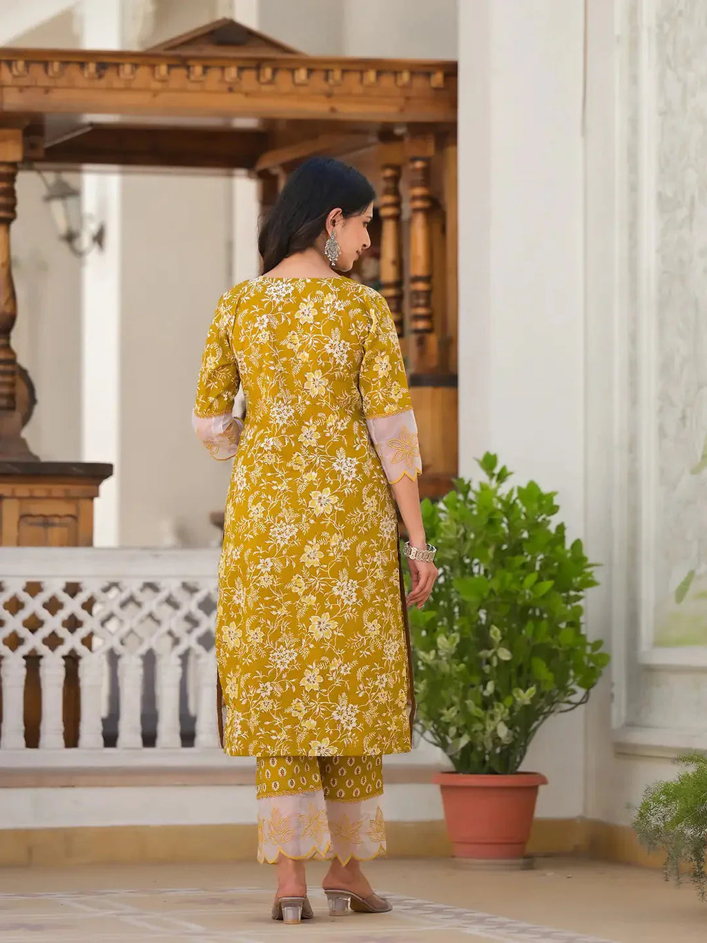 Yufta Mustard Floral Print Pakistani Style Kurta Trouser And Dupatta Set