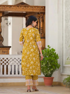 Yufta Mustard Floral Print Pakistani Style Kurta Trouser And Dupatta Set