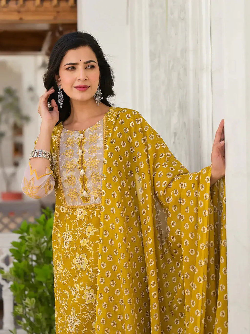 Yufta Mustard Floral Print Pakistani Style Kurta Trouser And Dupatta Set