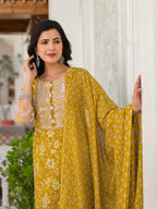 Yufta Mustard Floral Print Pakistani Style Kurta Trouser And Dupatta Set