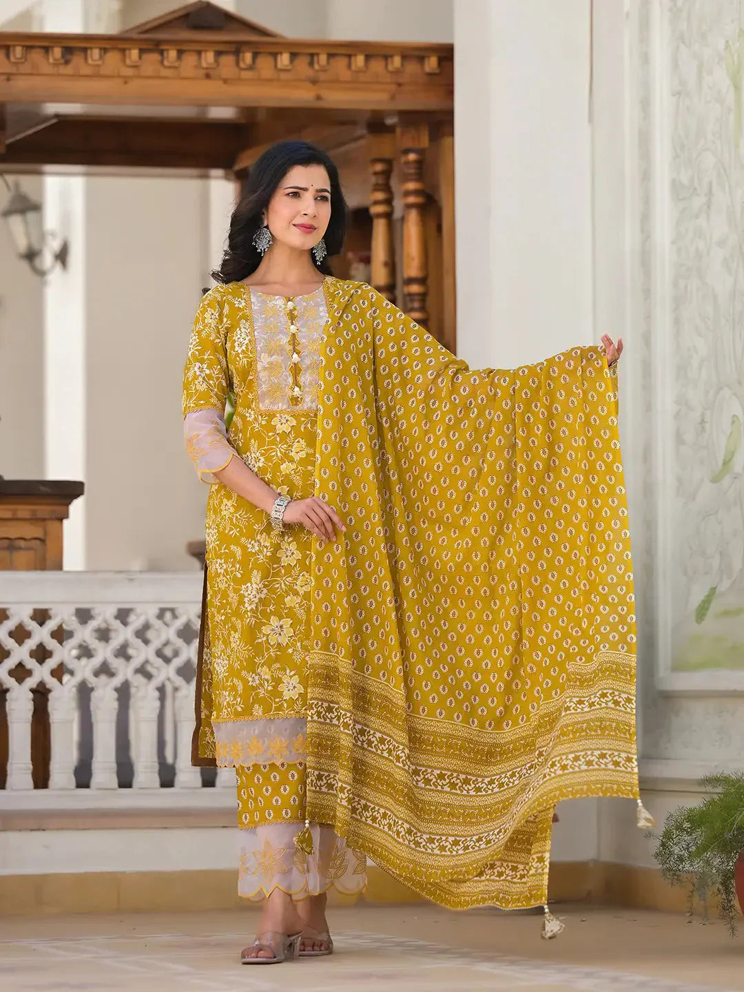 Yufta Mustard Floral Print Pakistani Style Kurta Trouser And Dupatta Set