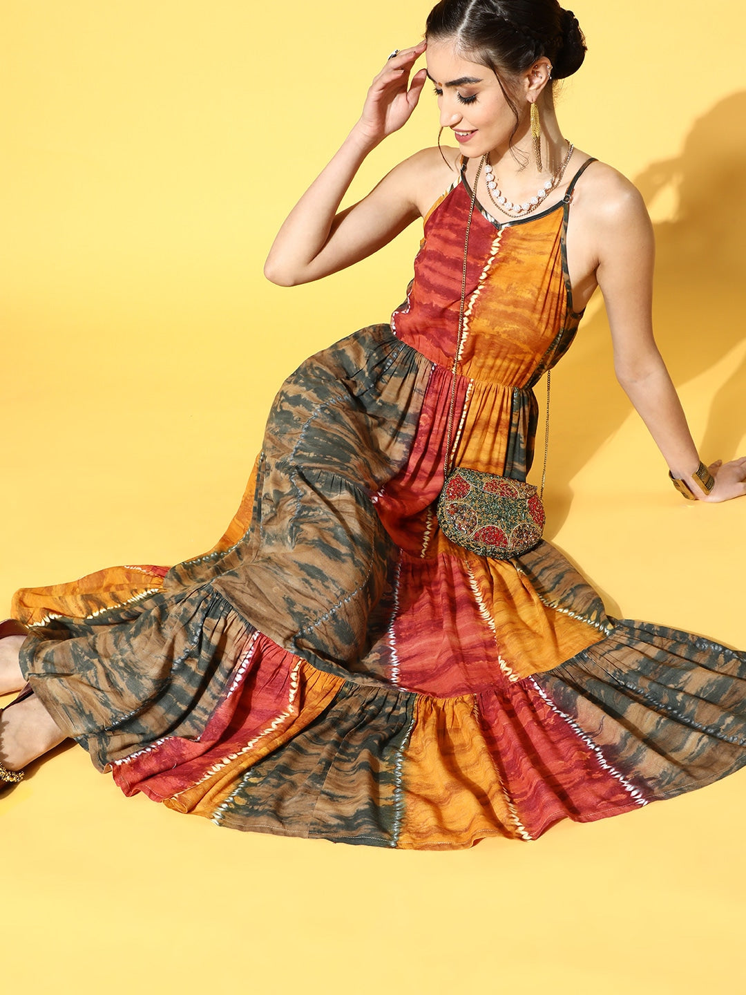 Yufta Mustard Tie and Dye Dress - Distacart