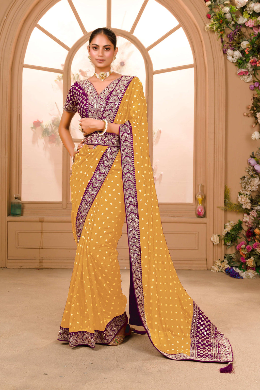 Teeya Creation Yellow Color Chinnon Silk Heavy Embroidery Work Saree - Distacart
