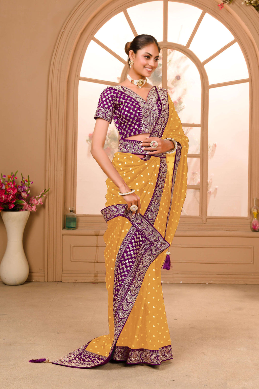 Teeya Creation Yellow Color Chinnon Silk Heavy Embroidery Work Saree - Distacart