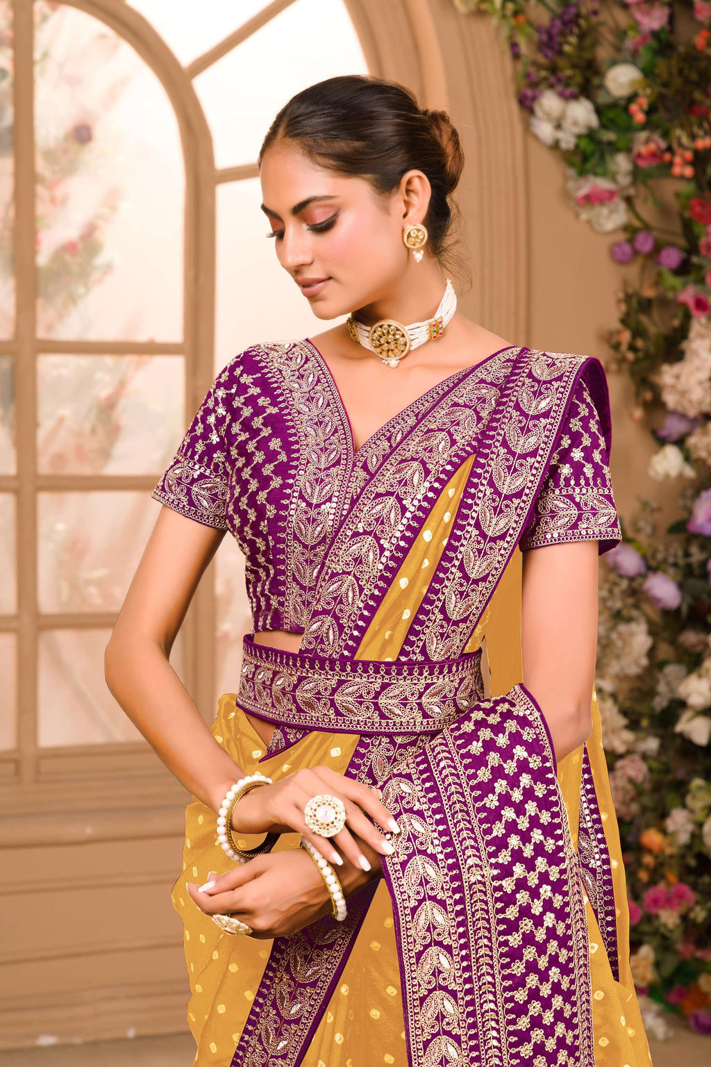 Teeya Creation Yellow Color Chinnon Silk Heavy Embroidery Work Saree - Distacart